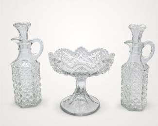Lot 737: Pair of Diamond Point Glass Cruets & Sawtooth Rim Compote