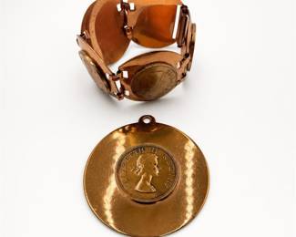Lot 749: Copper Coin Bracelet & Pendant, South African Elizabeth II