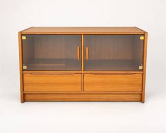 Lot 469: Danish Teak Media Cabinet with Glass Doors & Two Drawers
