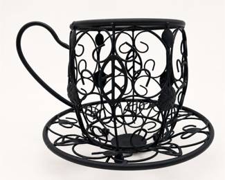 Lot 633: Black Scrolled Wire Teacup Candle Holder with Saucer