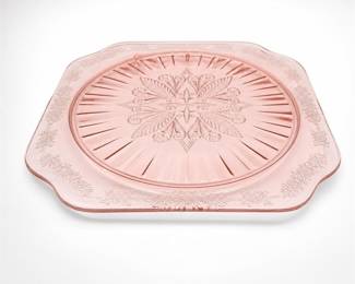 Lot 643: Jeannette Adam Pink Depression Glass Footed Cake Plate