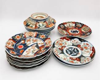 Lot 403: Japanese Imari Porcelain Covered Bowl & 9 Plates