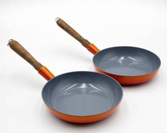 Lot 755: Pair of Descoware Flame Enameled Cast Iron Skillets