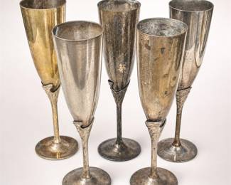 Lot 512: Set of 5 Silverplate Champagne Flutes, Leaf-Wrapped Stems
