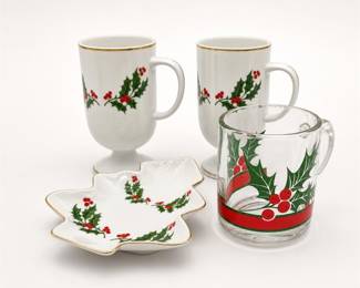 Lot 585: Christmas Holly Japan Porcelain Mugs, Tree Dish & Glass Mug