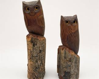 Lot 567: Pair of Hand-Carved Pine Owls on Natural Log Bases