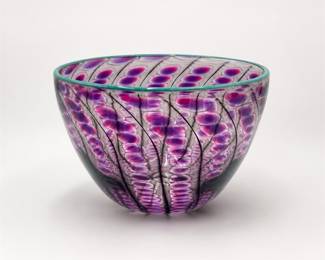 Lot 762: Hand-Blown Art Glass Bowl, Purple Ovals with Teal Rim