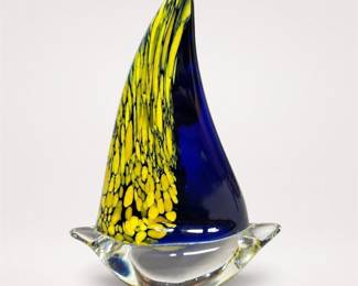 Lot 579B: Murano-Style Cobalt and Yellow Art Glass Sailboat
