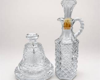 Lot 639: Cut Crystal "200" Bell, Diamond-Point Cruet & Ashtray