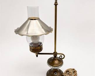Lot 630: Vintage Brass Student Lamp with Ruffled Metal Shade