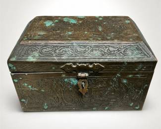 Lot 393: Syrian Brass-Clad Trinket Box with Arabic Calligraphy
