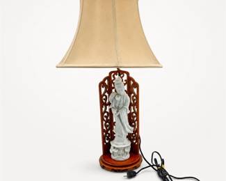Lot 759: Blanc de Chine Style Guanyin Table Lamp, Carved Wood Screen