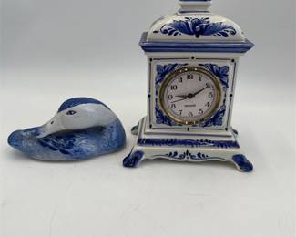 Lot 452: Schoonhoven Delft Mantel Clock & Delft-Style Duck Figurine