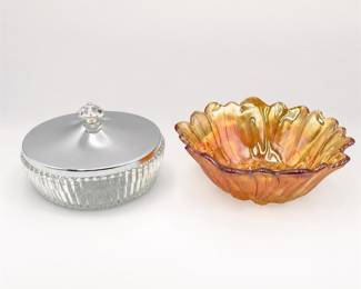 Lot 740: Marigold Carnival Sunflower Bowl & Chrome-Lidded Candy Dish
