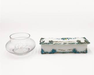 Lot 706: Victorian Milk Glass Dresser Box & Clear Glass Vase