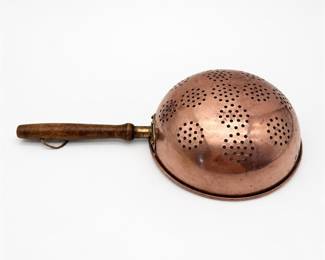 Lot 632: Vintage Copper Colander with Turned Wood Handle