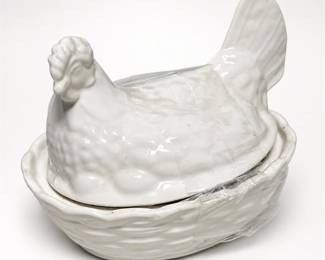 Lot 580B: White Ceramic Hen on Nest Covered Dish with Eggs