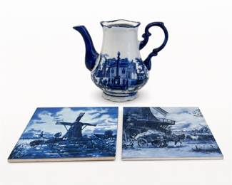 Lot 453: Flow Blue-Style Coffee Pot & 2 Delft Blue Windmill Tiles