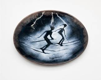 Lot 760: Seguin Enamel on Copper Bowl with Cross-Country Skiers
