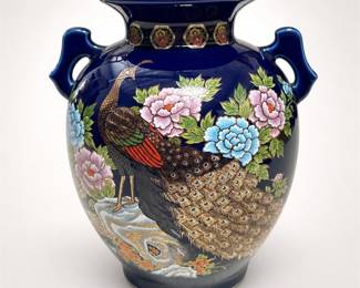 Lot 584B: Japanese Cobalt Blue Peacock and Peony Porcelain Vase
