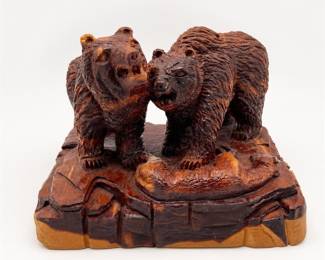 Lot 459: Hand-Carved Wood Bears and Salmon Sculpture