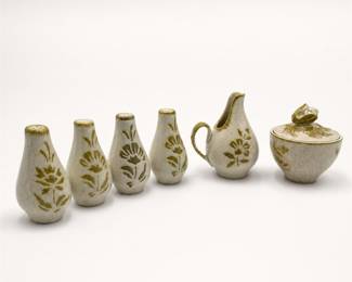 Lot 758: Mid-Century Speckled Stoneware Cream, Sugar & Shaker Set