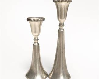 Lot 514: Pair of Pottery Barn Silver-Tone Beaded Candlesticks