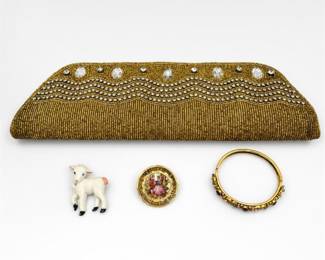 Lot 431: Gold Beaded Rhinestone Clutch, Limoges-Style Brooch & Bangle