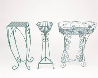 Lot 455: 3 Green Wrought Iron & Wire Plant Stands