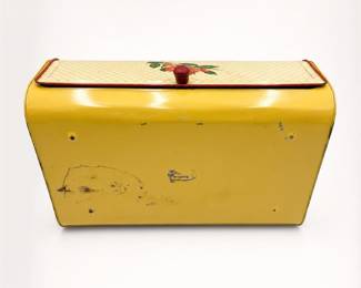 Lot 744: Vintage Yellow Tin Bread Box with Cherry Decal