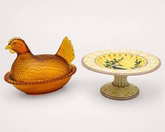 Lot 590: Amber Glass Hen on Nest & Majolica-Style Bird Compote
