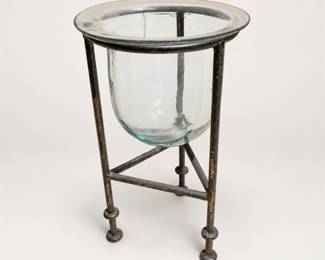 Lot 028: Glass Hurricane Candle Holder on Iron Stand