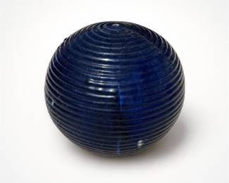 Lot 042: Cobalt Blue Ribbed Ceramic Garden Sphere