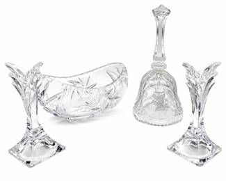 Lot 1034: Cut Crystal Group: Pinwheel Bowl, Owl Bell & Candleholders