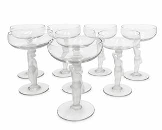 Lot 780: 8 Bacchante Frosted Nude-Stem Champagne Coupes, Bayel Style