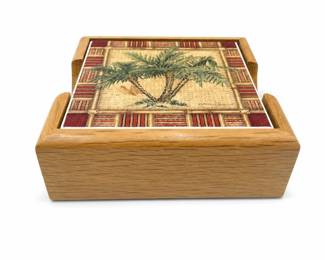 Lot 1033: Set of 4 Kathleen Denis Palm Tree Coasters with Holder