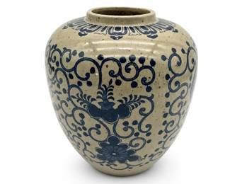 Lot 0695: Japanese Stoneware Vase with Blue Floral Decoration