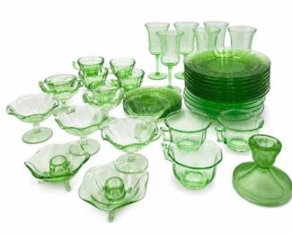 Lot 781: Green Depression Glass Tableware, 40+ Pieces