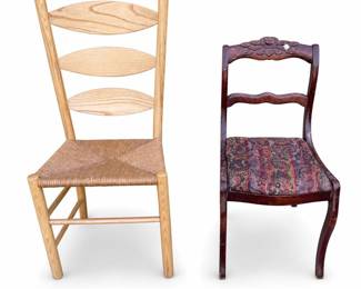 Lot 778: 2 Side Chairs: Rush-Seat Ladder-Back & Carved Rose-Back