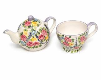 Lot 813: Linens 'N Things Hand-Painted Floral Teapot & Cup