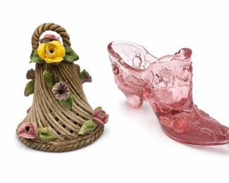 Lot 1035: Capodimonte Flower Bell & Fenton Pink Glass Rose Shoe