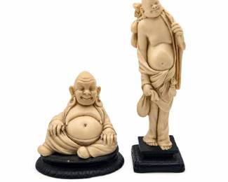 Lot 0681: 2 Faux Ivory Resin Laughing Buddha Figures