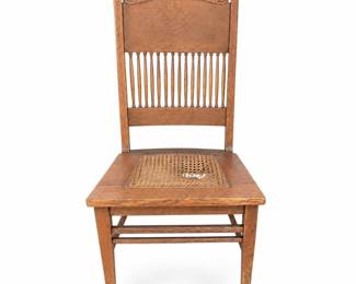 Lot 0673: Antique Oak Spindle-Back Side Chair with Cane Seat
