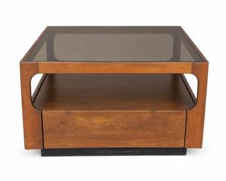 Lot 0676: Mid-Century Walnut Cube Side Table with Smoked Glass Top
