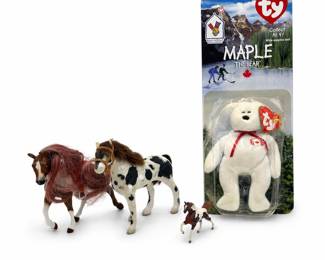 Lot 816A: Ty Maple the Bear & 3 Toy Horse Figures