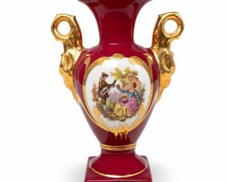 Lot 141: Limoges Twin-Handled Burgundy and Gold Porcelain Vase