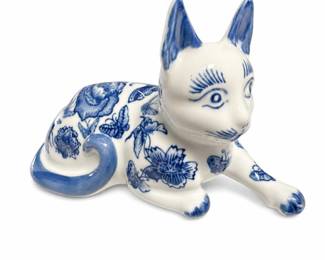 Lot 828A: Blue & White Porcelain Reclining Cat Figurine