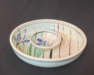 Hand-Painted Iris Chip and Dip Ceramic Bowl, Signed