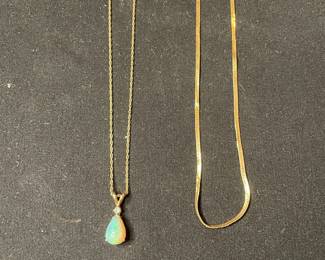 14KYellow Gold Opal Teardrop Pendant Necklace and Herringbone Chain
