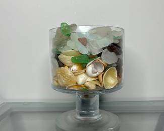 Clear Glass Pedestal Bowl with Sea Glass and Seashell Collection